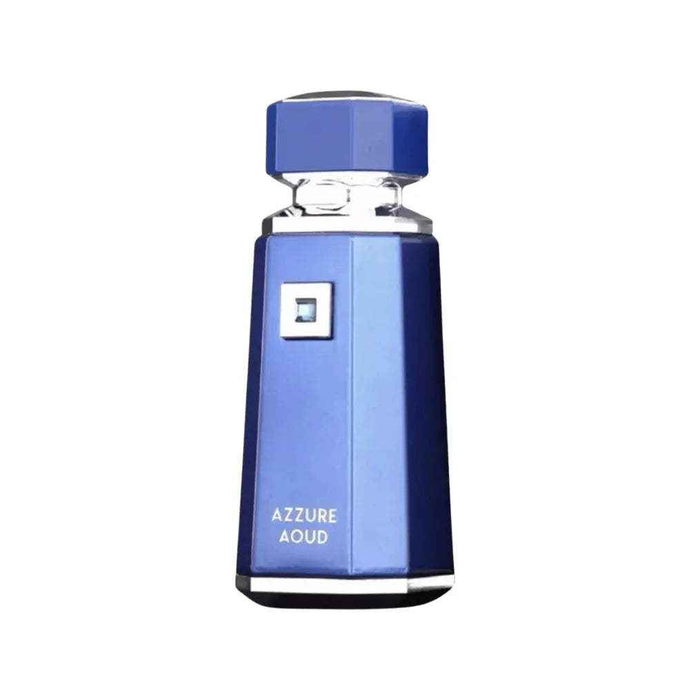 Blue perfume bottle labeled 'Azzure Aoud' on a white background