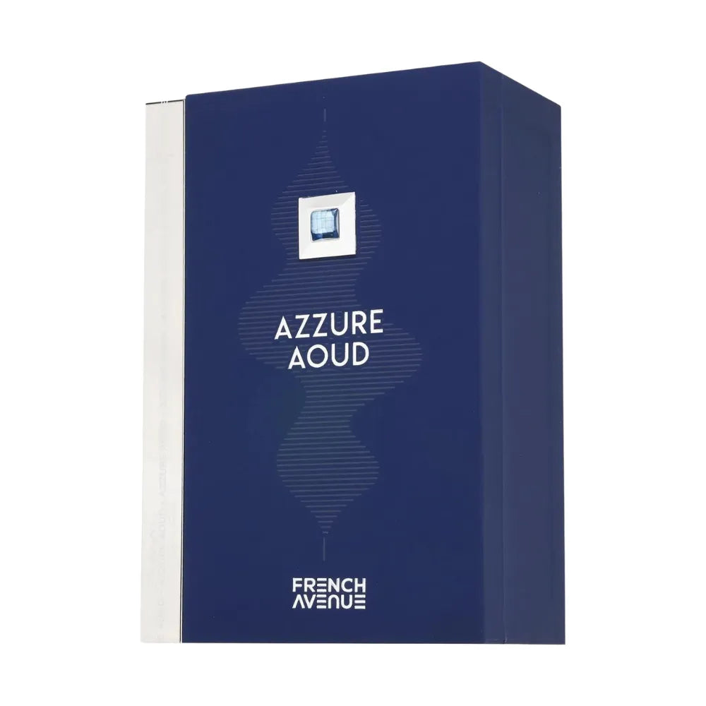 Blue box with 'AZZURE Aoud' and 'French Avenue' text on a white background