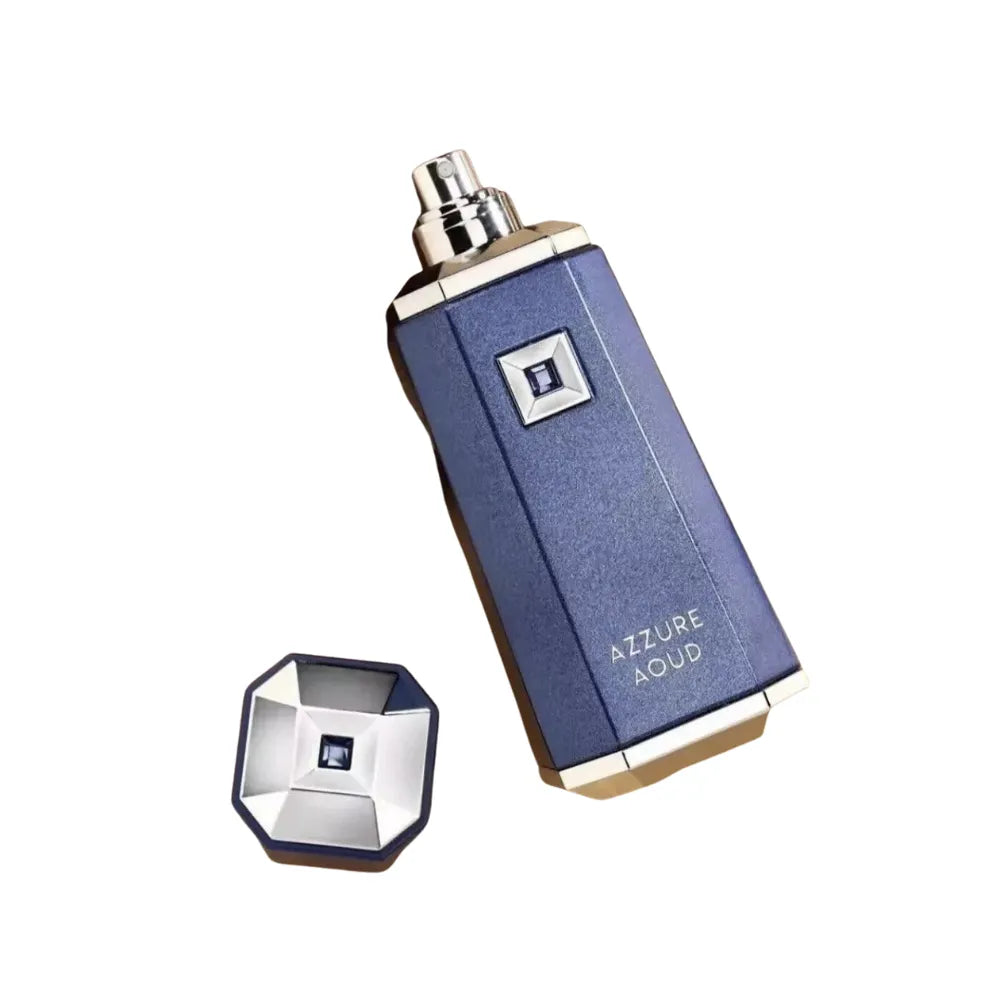 Blue Azzure Aoud perfume bottle with cap on a white background