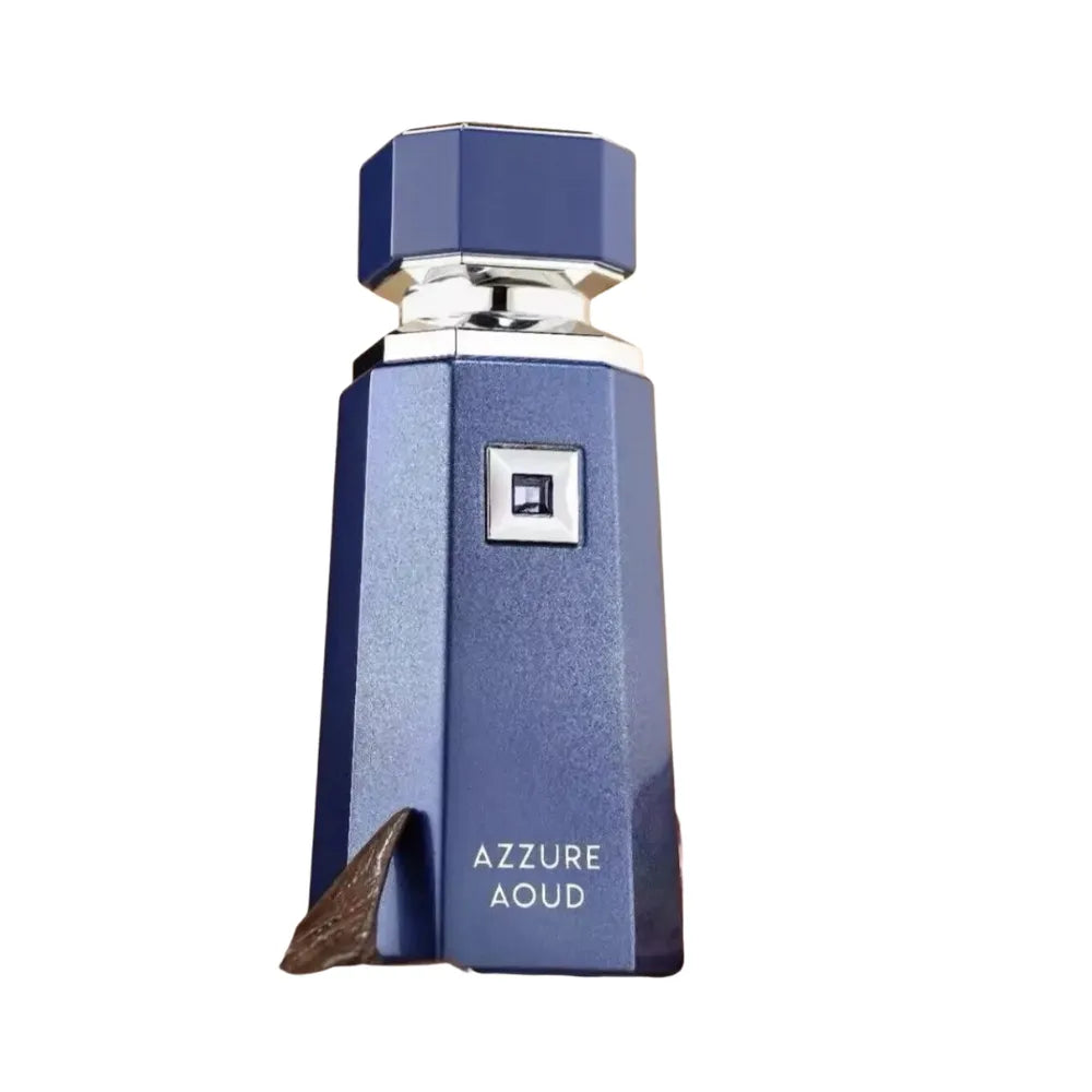 Blue perfume bottle labeled 'Azzure Aoud' on a white background