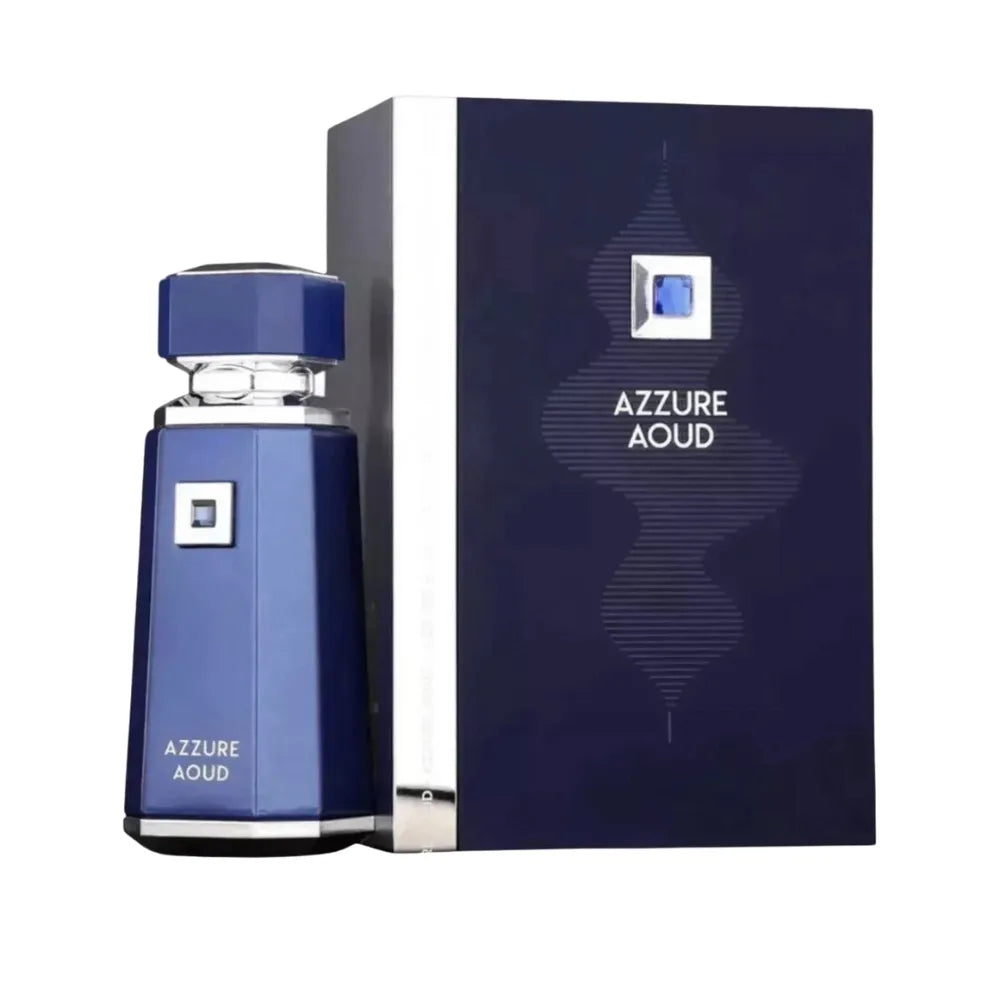 Blue Azzure Aoud perfume bottle and packaging on a white background