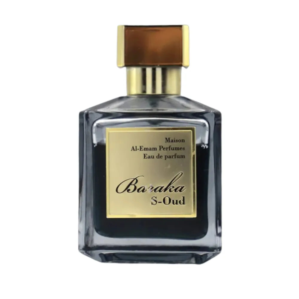 Perfume bottle with gold cap and label on a white background