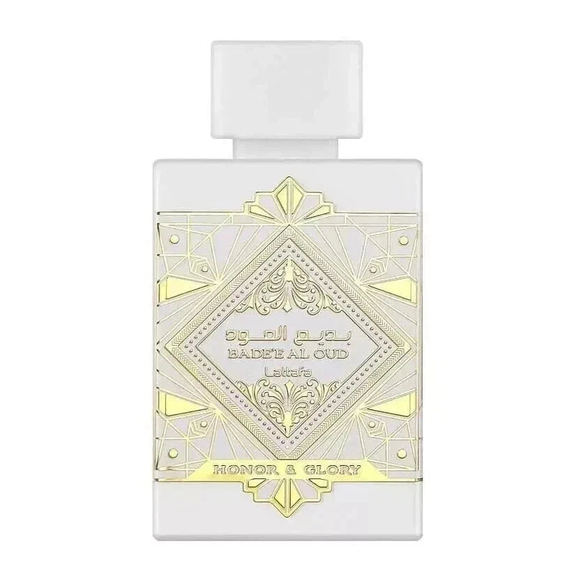 Perfume bottle with decorative label on a white background
