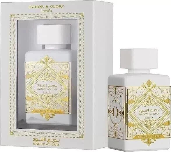 Perfume bottle with gold geometric design and 'Honor & Glory' packaging on a white background