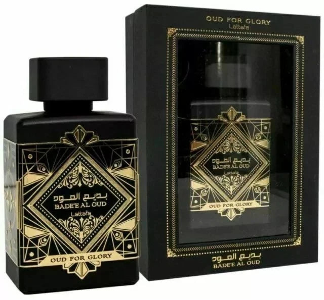 Black and gold perfume bottle with packaging labeled 'Oud for Glory' on a white background
