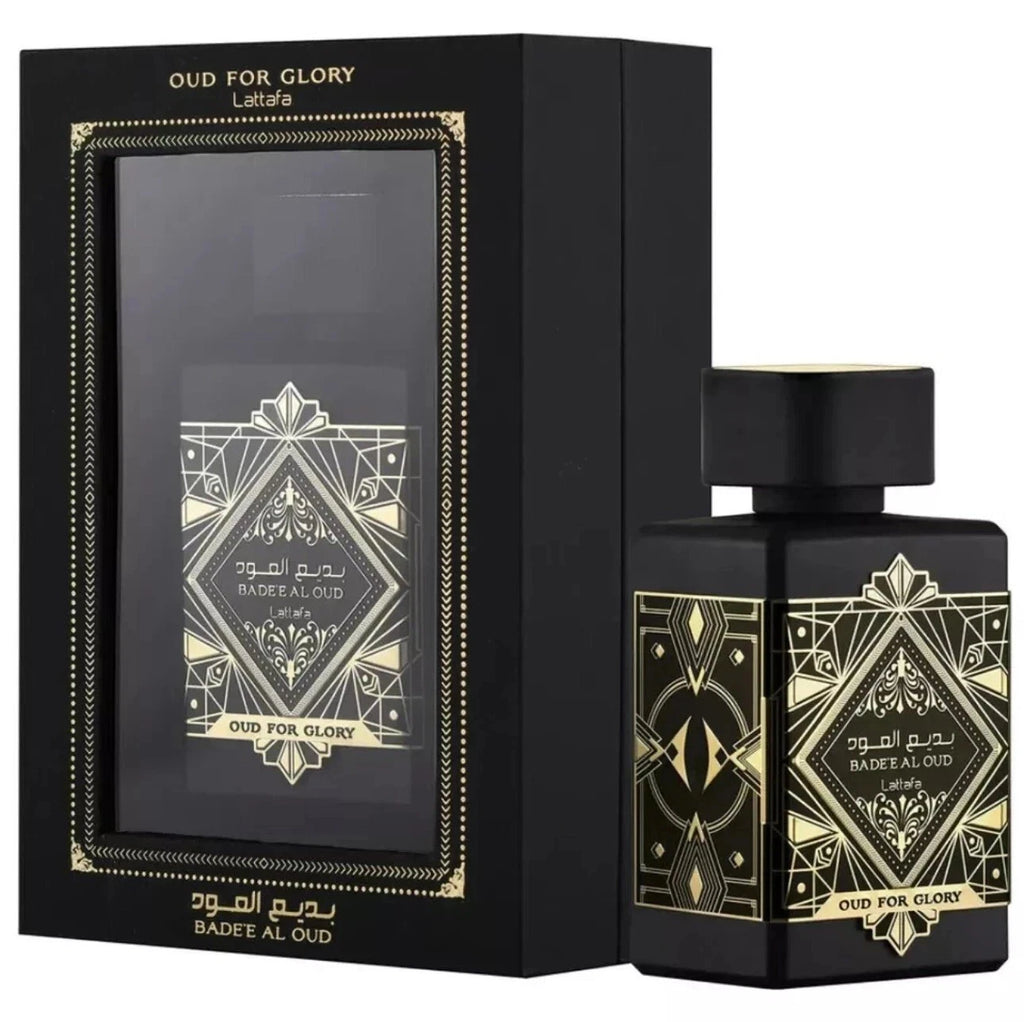 Black and gold perfume bottle and packaging with 'Oud for Glory' branding.