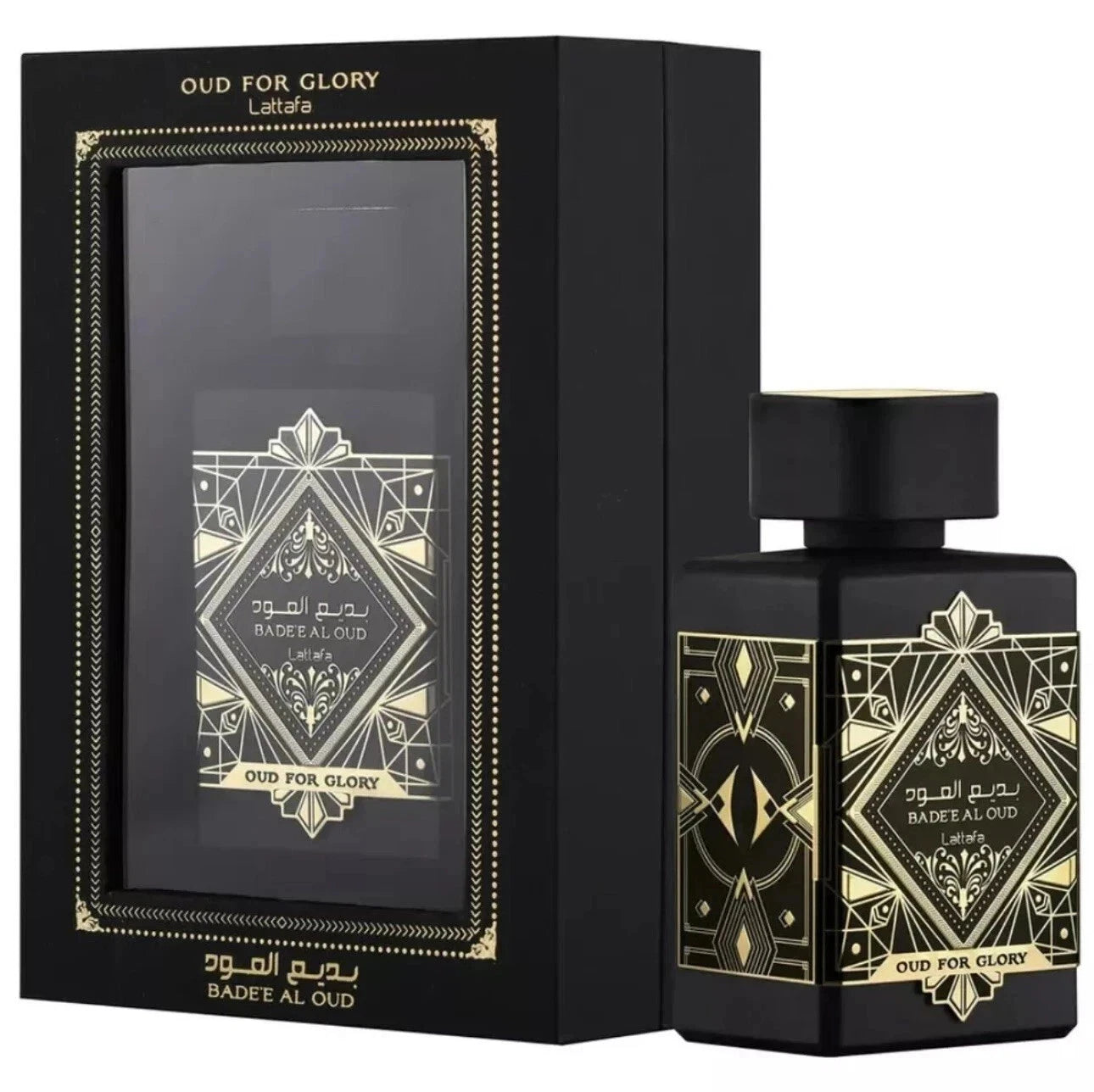Black and gold perfume bottle and packaging with 'Oud for Glory' branding.