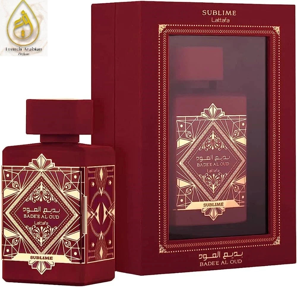 Red perfume bottle with gold detailing and matching box on a white background
