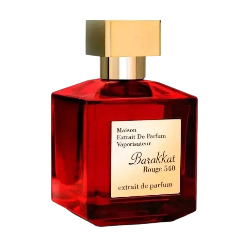 Red perfume bottle with gold cap on a white background