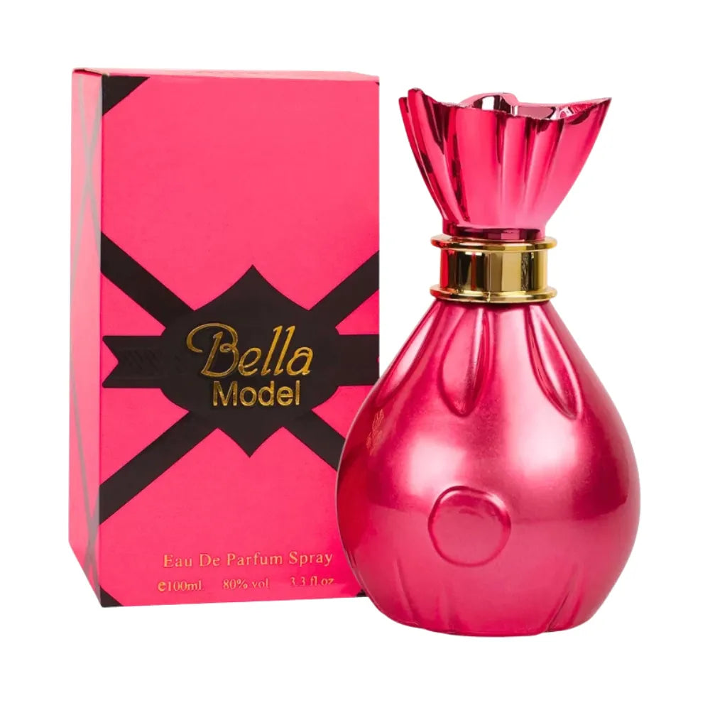 Pink perfume bottle with gold cap and matching pink box labeled 'Bella Model' on a white background