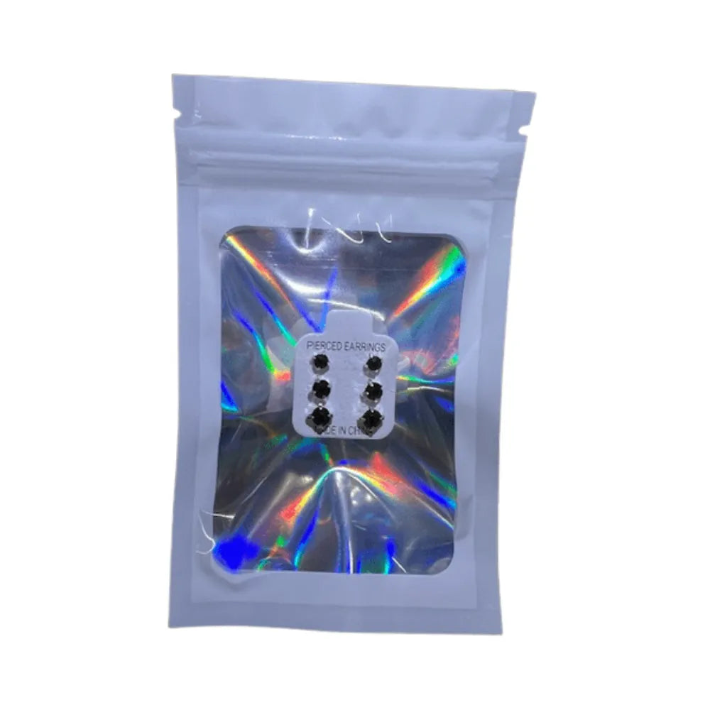Packaged earring set with a holographic design on a white background