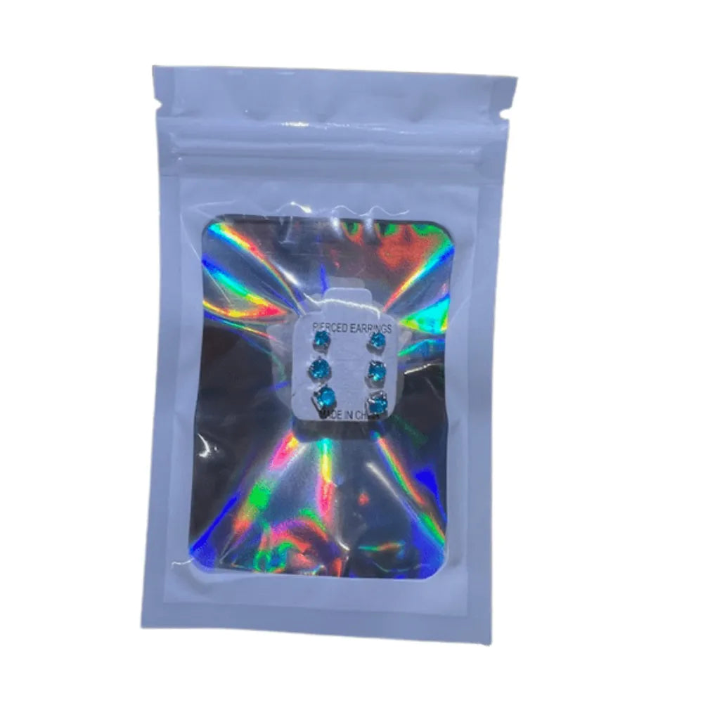 Holographic packaging with a clear window on a white background