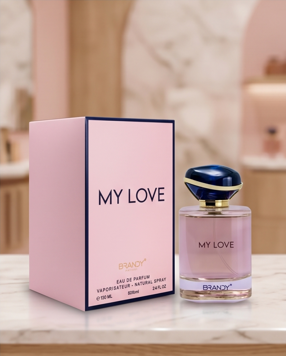 Brandy perfume bottle and packaging with 'My Love' text on a blurred background