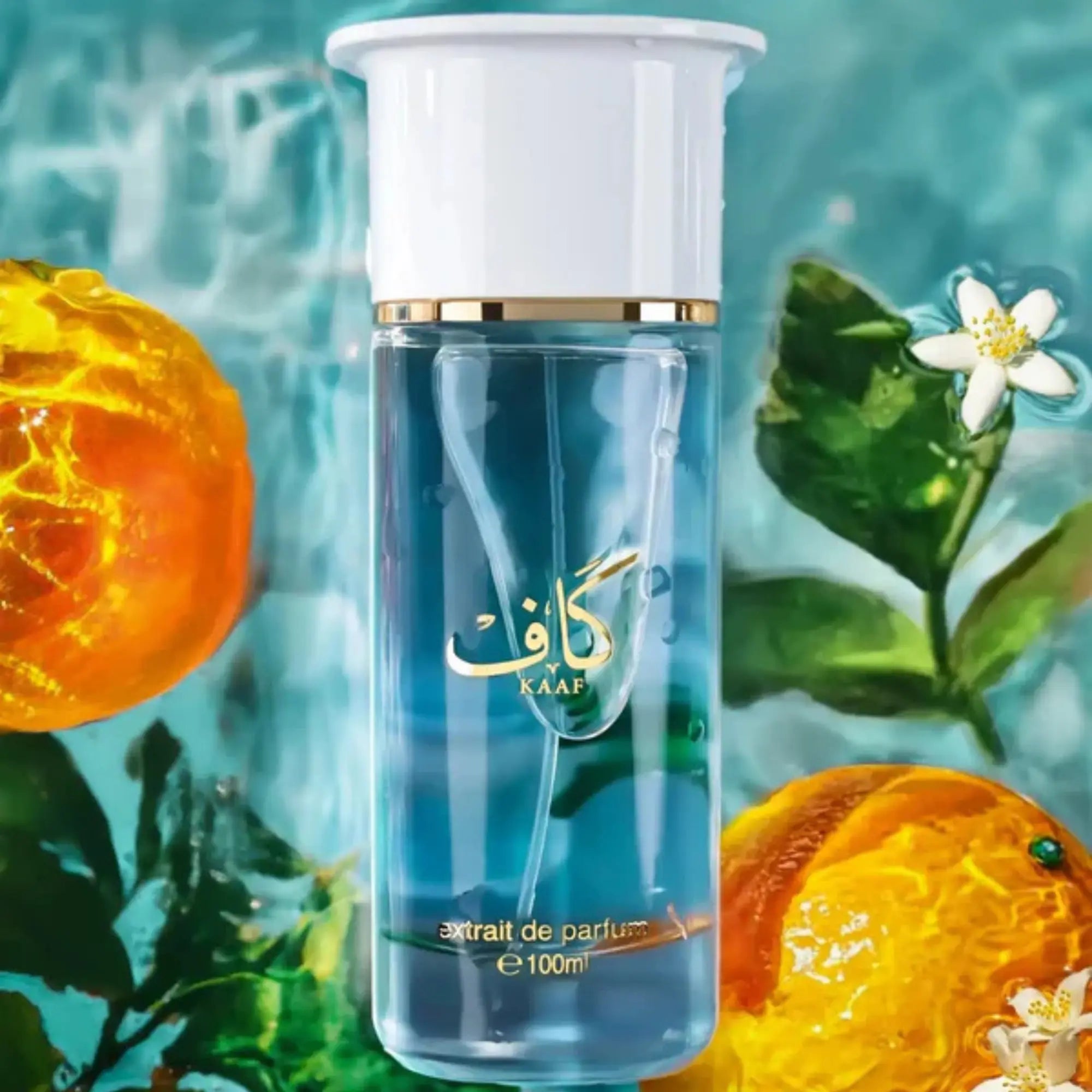 Perfume bottle with oranges and leaves on a green background