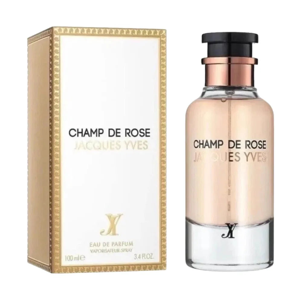 Jacques Yves Champ de Rose perfume bottle and packaging on a white background