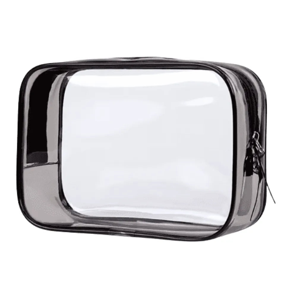 Clear rectangular pouch with black zipper on a white background