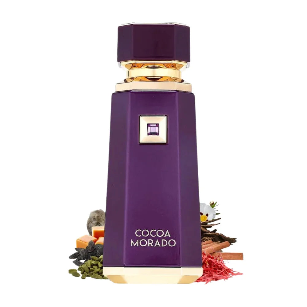 Purple perfume bottle labeled 'Cocoa Morado' with decorative elements on a white background