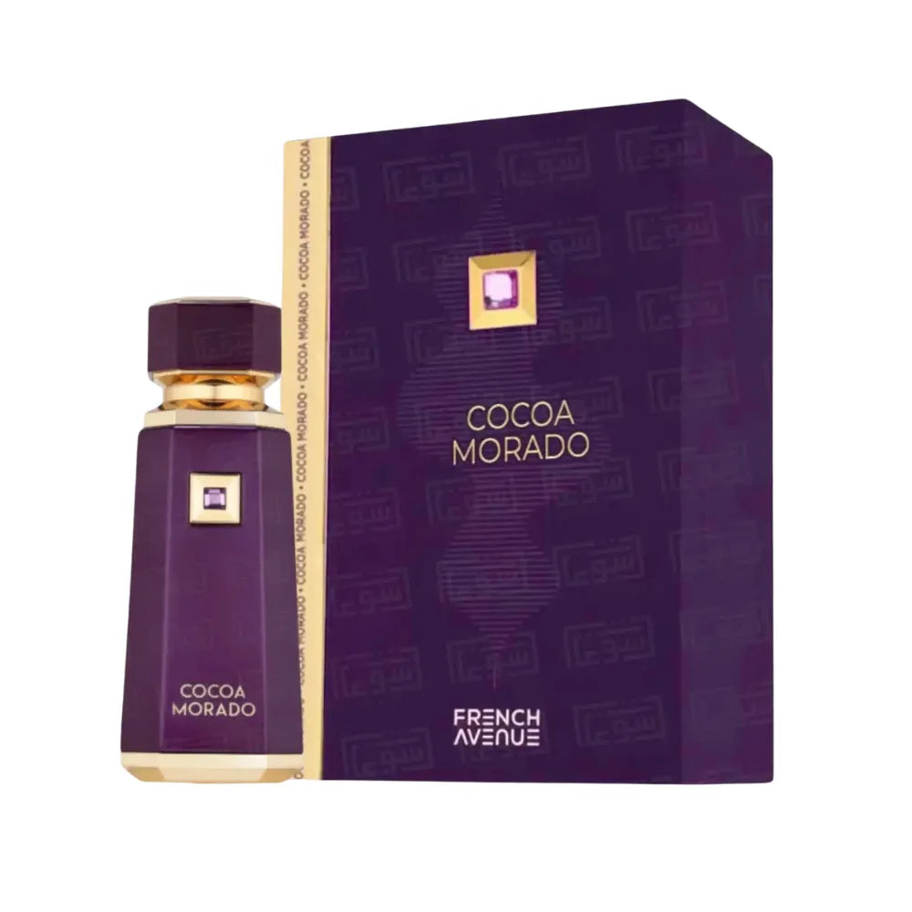Purple perfume bottle and packaging with 'Cocoa Morado' and 'French Avenue' text on a white background