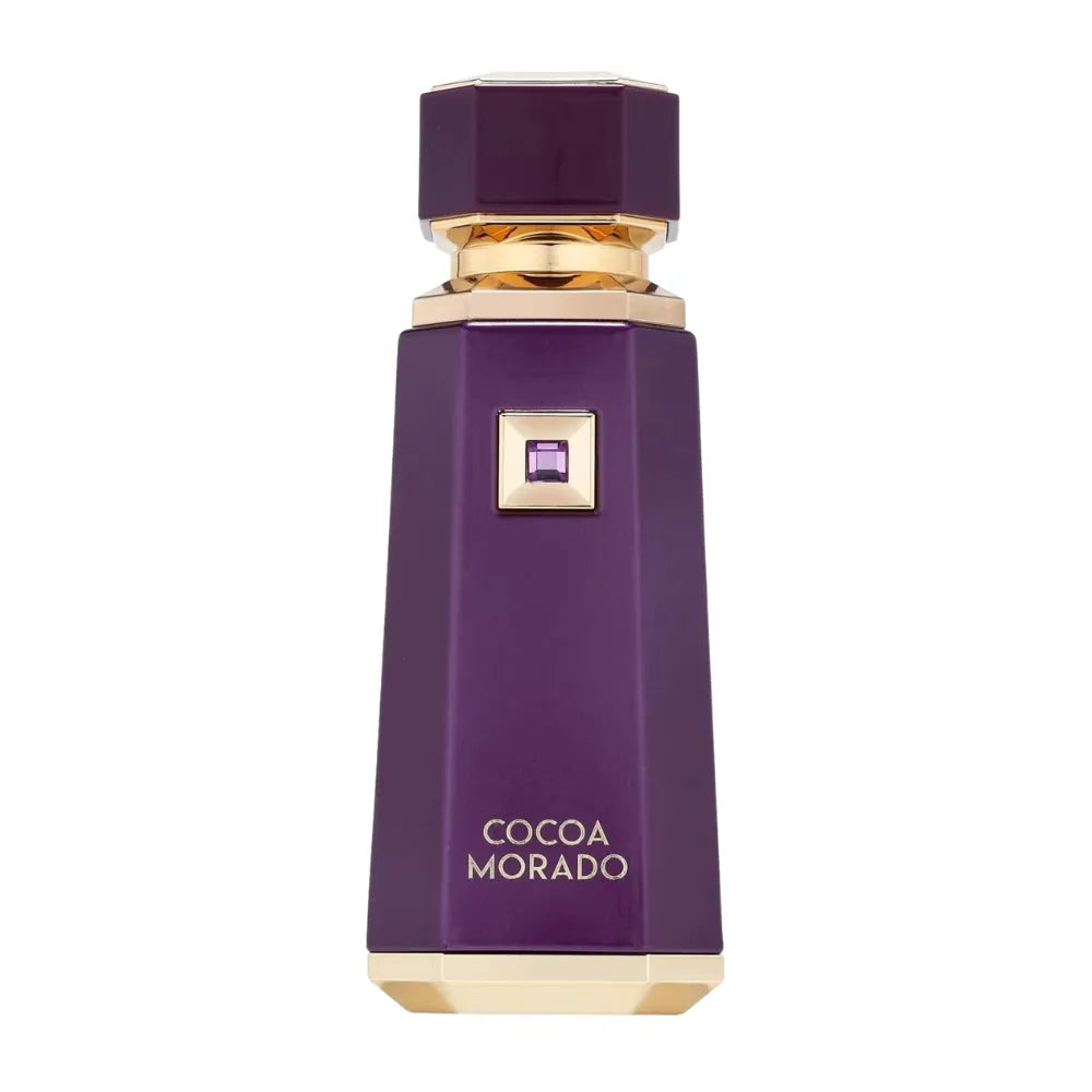 Purple perfume bottle with gold accents on a white background