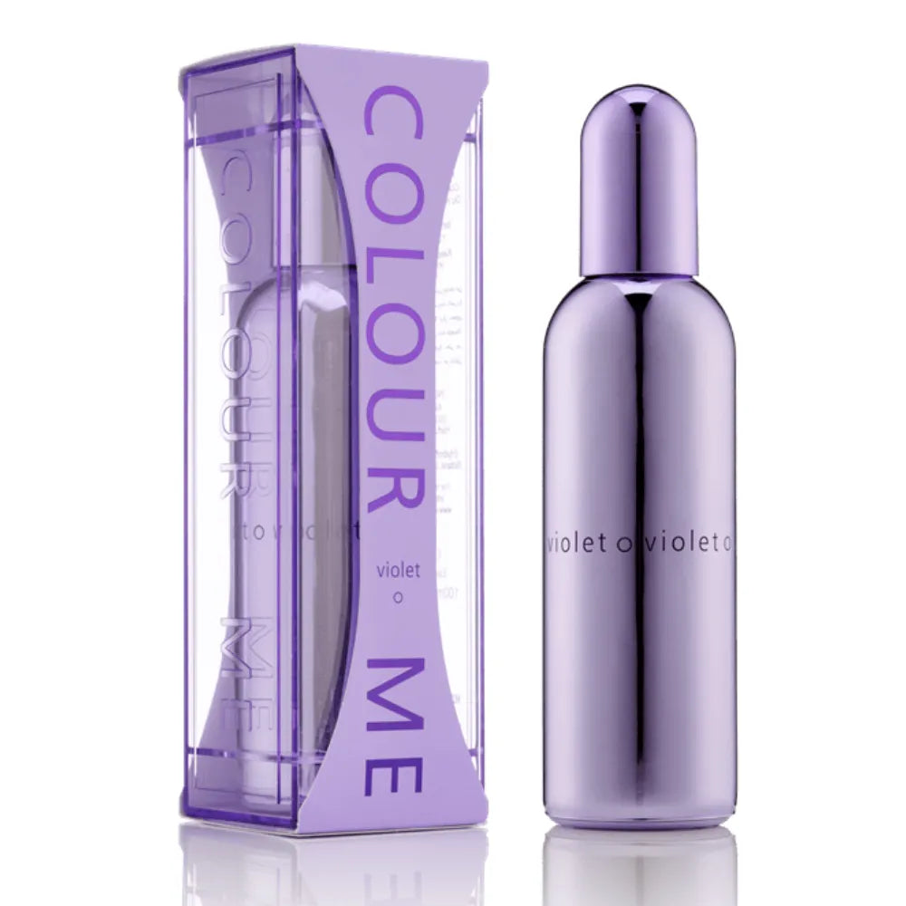 Colour Me! Violet body oil by Colour Cosmetics, shown in a metallic lavender bottle next to its clear plastic packaging box with purple branding.