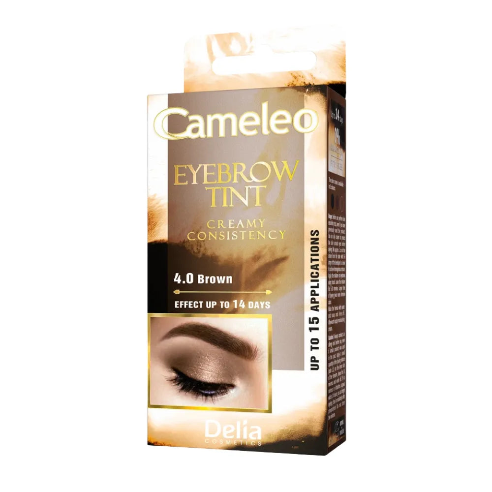 Cameleo eyebrow tint packaging with an image of an eye and text on a white background