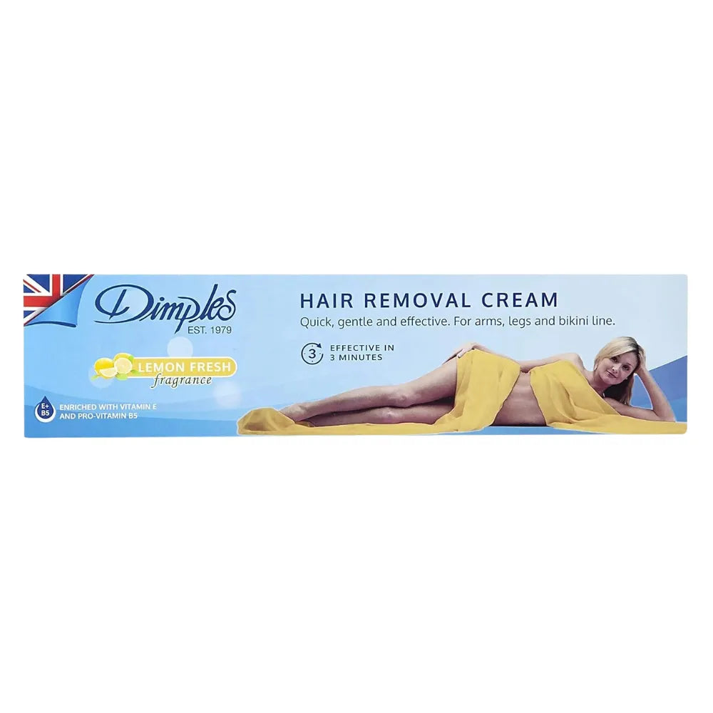 Dimples hair removal cream packaging with a woman on a towel