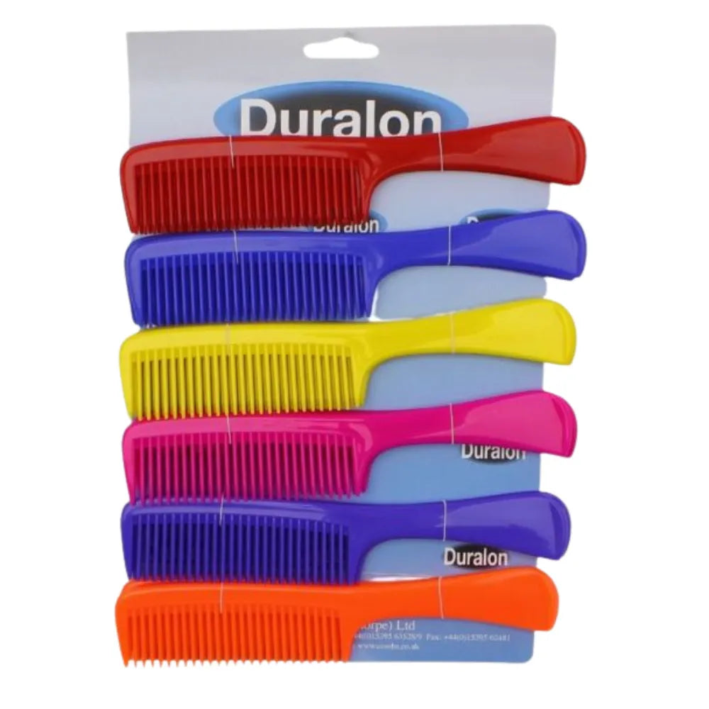 Set of colorful combs on a Duralon branded package