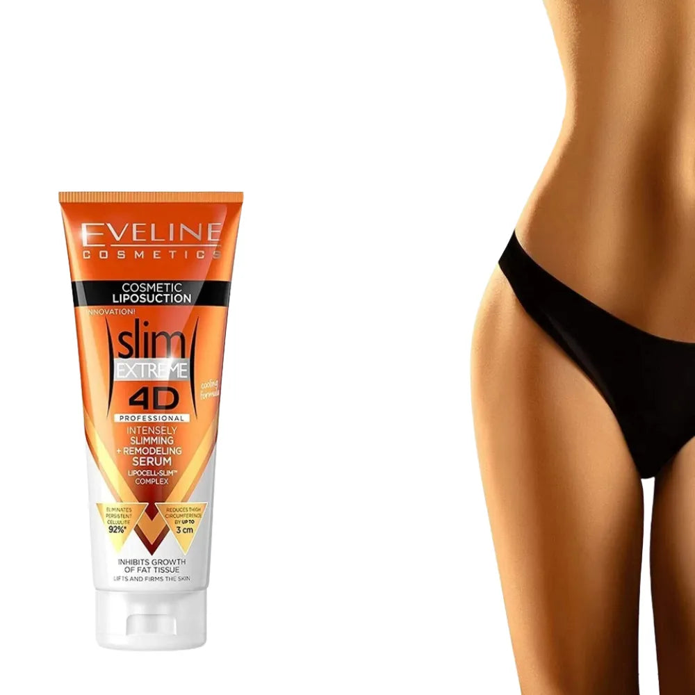 Eveline Cosmetics slimming cream tube with a person wearing black underwear on a white background