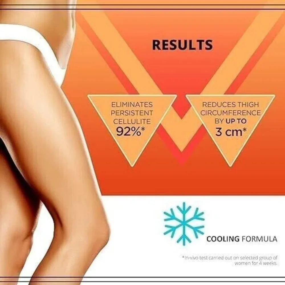 Advertisement for a cooling formula product showing results on legs with an orange background.