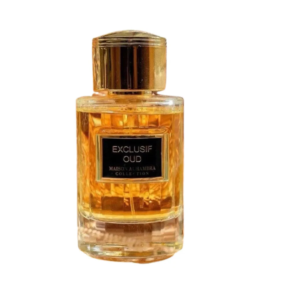 Perfume bottle labeled 'Exclusif Oud' on a white background