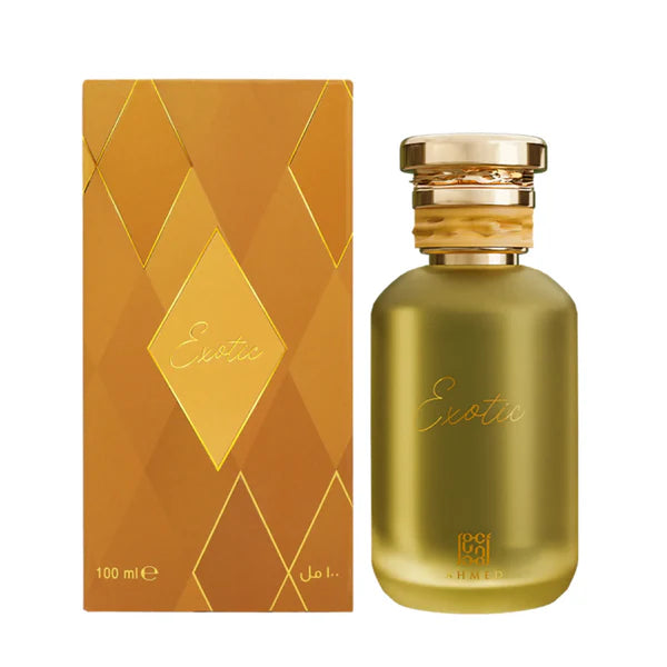 Gold perfume bottle and packaging with 'Exotic' branding on a white background