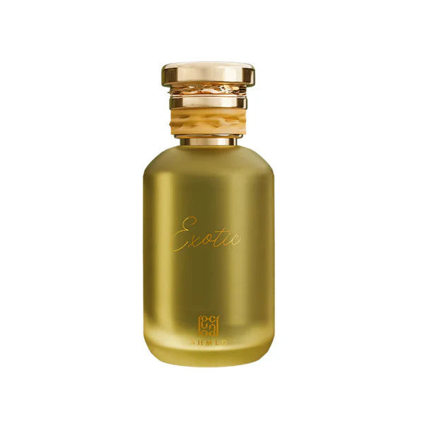 Gold perfume bottle with wooden cap on a white background