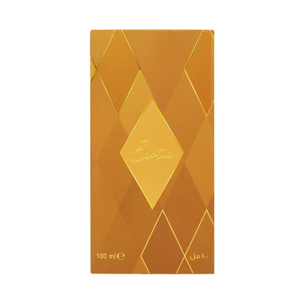 A rectangular perfume bottle with a geometric gold and orange diamond pattern, featuring the brand name 'Exotis' in gold script on the central diamond.