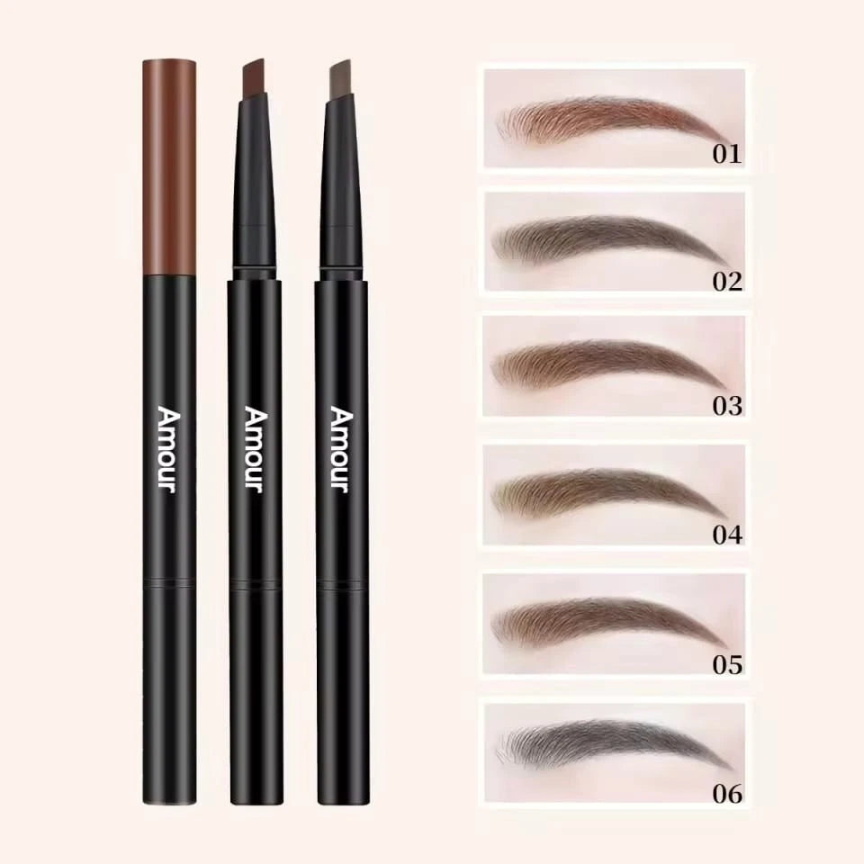 Three eyebrow pencils with color swatches on a white background