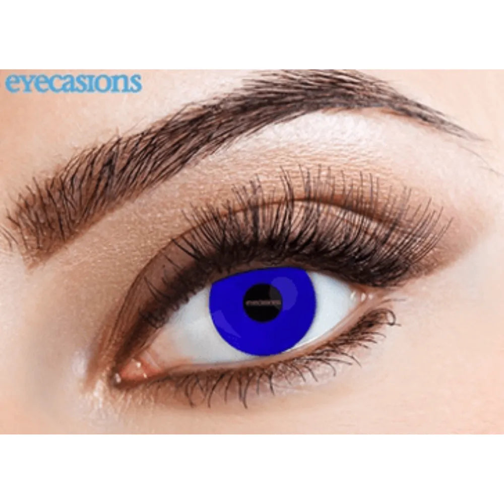 Close-up of an eye with a blue contact lens, branded 'eyecasions'.