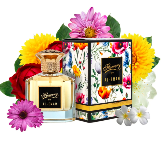 Perfume bottle and packaging with floral design on a white background