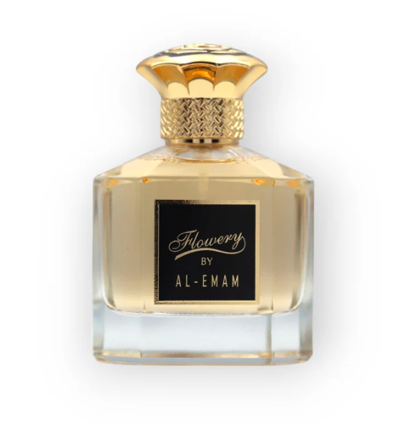 Perfume bottle labeled 'Flowery by Al Eman' with gold cap on a white background