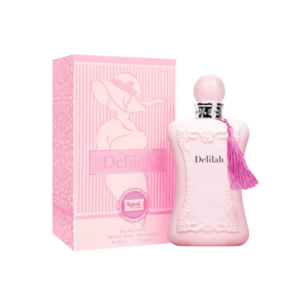 Pink Delilah perfume bottle and packaging on a white background