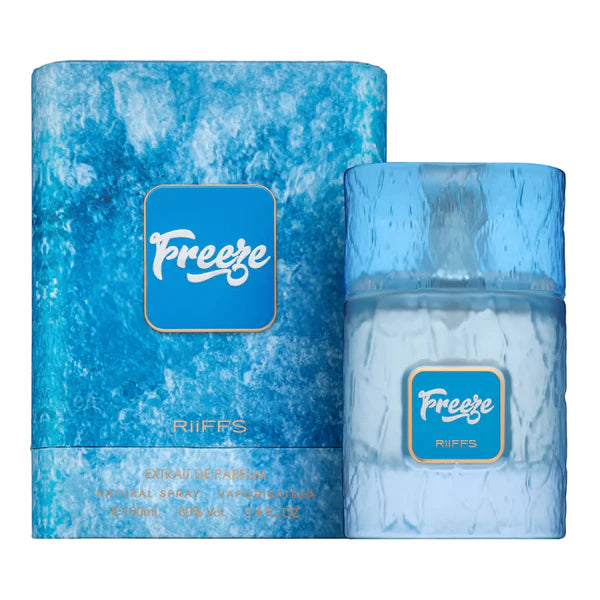 Blue perfume bottle and packaging with 'Freeze' branding on a white background