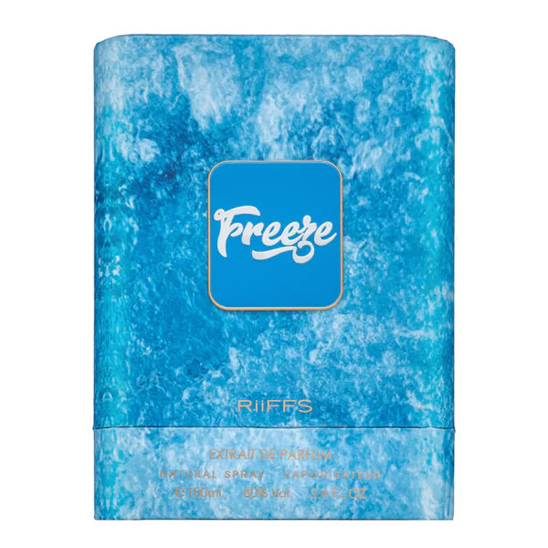 Blue marbled perfume bottle labeled 'Freeze' by Riffs on a white background