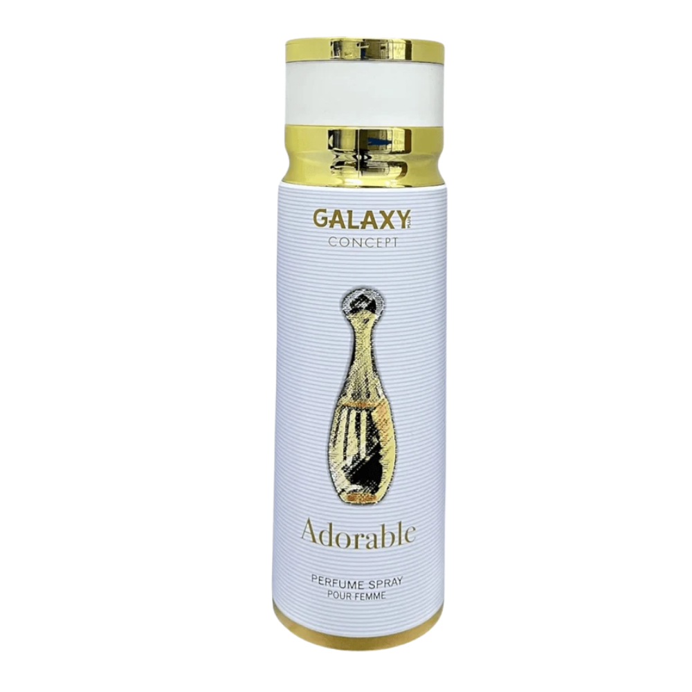 A cylindrical perfume spray bottle with a white ribbed body, gold metallic collar and base, and a gold-and-black perfume bottle graphic on the front. The label reads GALAXY CONCEPTI and Adorable.