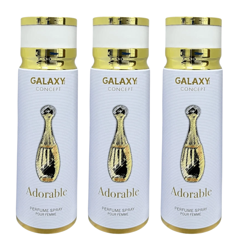 Three identical cylindrical perfume spray bottles arranged side by side on a plain white background. The bottles have metallic gold caps and bases, white ribbed bodies, and a central gold perfume-bottle graphic.