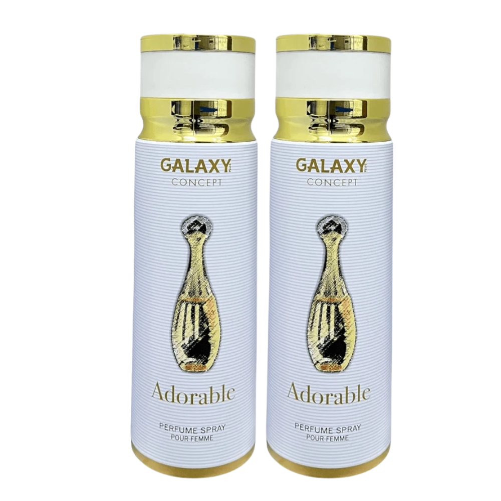 Two identical cylindrical perfume spray bottles labeled GALAXY CONCEPT Adorable, shown side by side on a plain white background.