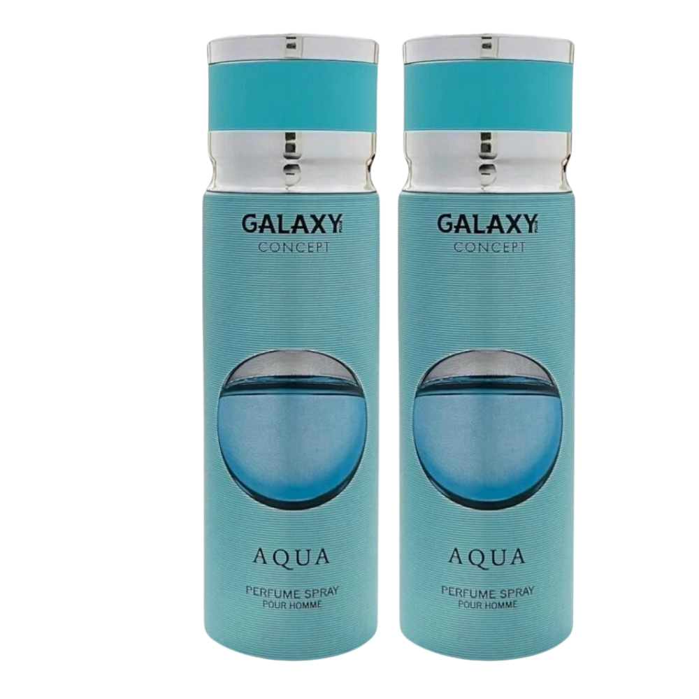 Two identical cylindrical perfume spray bottles for men, labeled GALAXY CONCEPT AQUA, in a light aqua blue color with a clear cap and a blue circular window on the front, set against a plain white background.
