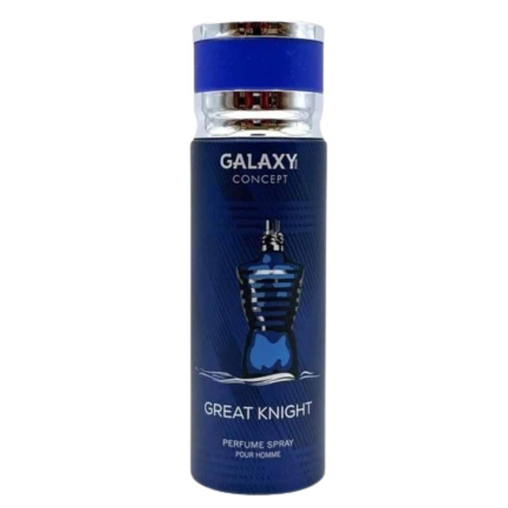 Galaxy Concept Great Knight Perfume Spray bottle, 150ml, featuring a dark blue cylindrical design with a metallic silver cap and a graphic of a blue perfume bottle on the front.