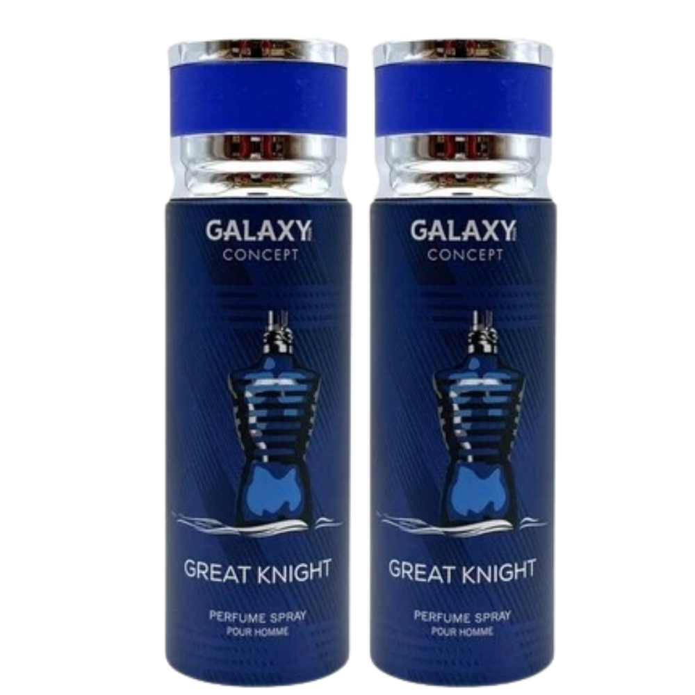Two blue cylindrical perfume spray bottles labeled GALAXY CONCEPT GREAT KNIGHT PERFUME SPRAY POUR HOMME, shown side by side on a white background.