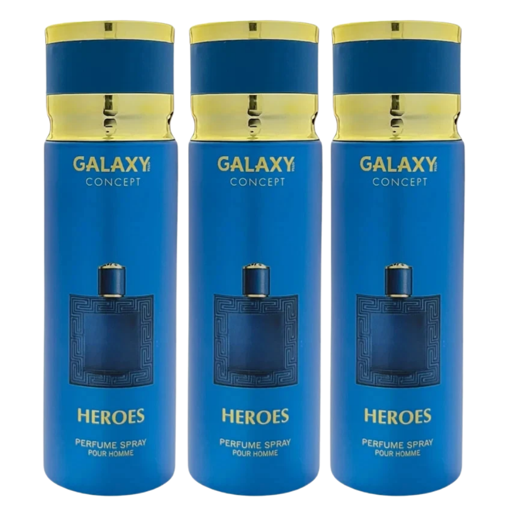 Three blue cylindrical perfume spray bottles with gold caps and gold lettering reading GALAXY CONCEPT and HEROES, shown on a plain white background.
