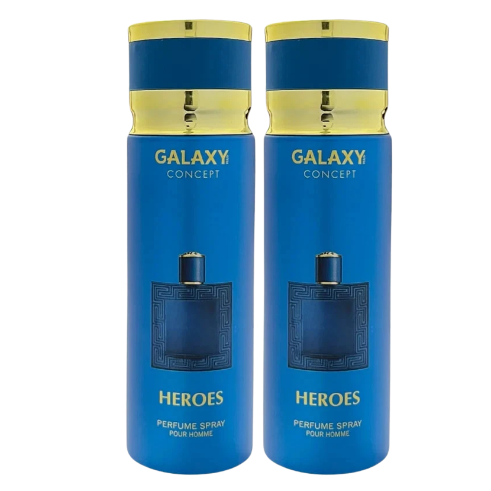 Two blue cylindrical perfume spray bottles with gold caps and gold lettering reading GALAXY CONCEPT and HEROES, shown side by side on a white background.