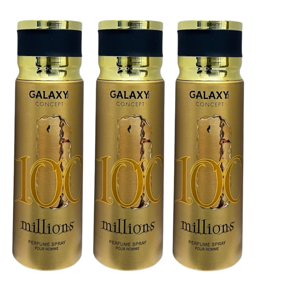 Three identical bottles of Galaxy Concept 100 Millions Perfume Spray for Home, arranged side by side on a plain white background.