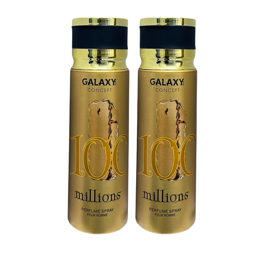 Two gold cylindrical perfume spray bottles labeled 'GALAXY CONCEPT 100 millions' with black caps, shown side by side on a white background.